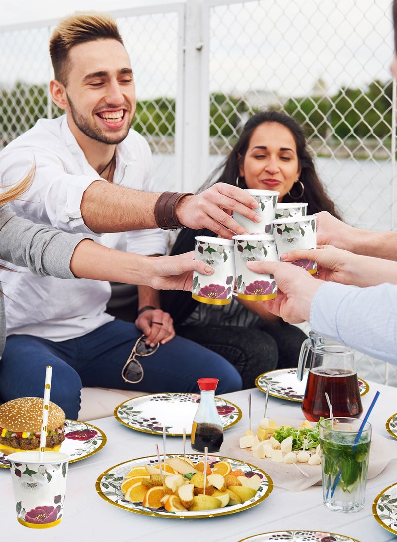 HomarKet 200PCS Disposable Dinnerware Set,25 Guest Party Supplies Dinner Set Include Paper Plates Napkin Cup Straw Plastic Spoon Fork Knive for Baby Shower,Wedding,Birthday (Elegant leaves&Flowers) - Image 3